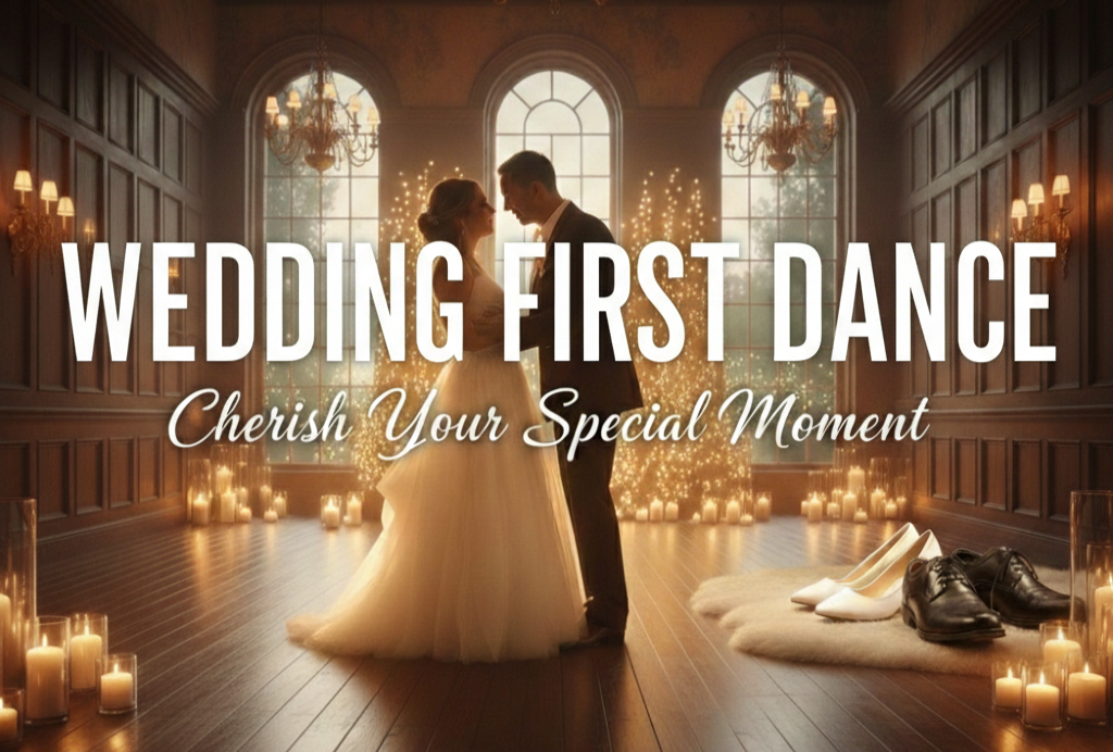 Wedding couple dancing in a romantic venue.